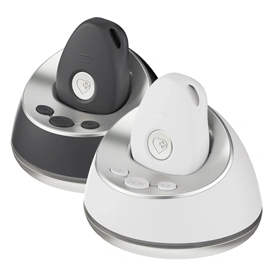 LiveLife 4G Mobile Alarm pendants in black and white with charging docks
