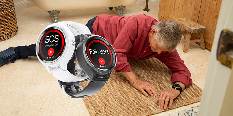 Senior with fall alert watch showing SOS and Fall Alert features