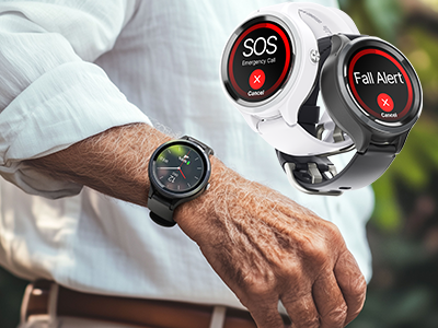 LiveLife emergency watch showing SOS and Fall Alert features