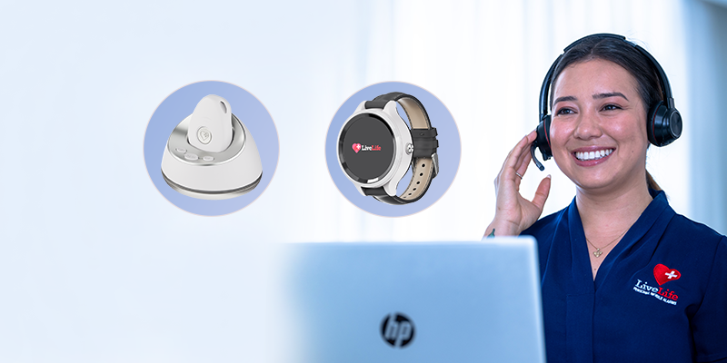 LiveLife personal alarm monitoring team with watch and base station