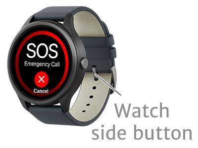 Watch showing SOS emergency call screen and side button