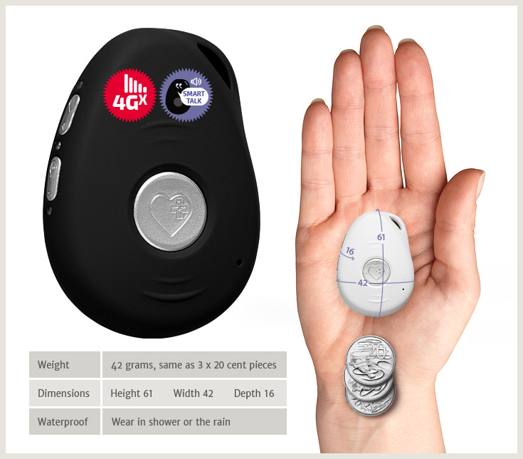 Image demonstrating size of the Live Life personal mobile alarm which is 42 grams and as large as 3 Australian 20 cent coins