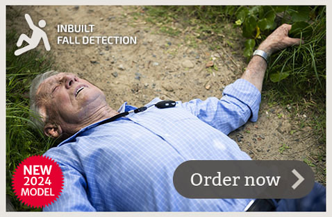 Elderly Australian dad wearing latest 2024 LiveLife personal mobile alarm with in built fall detection