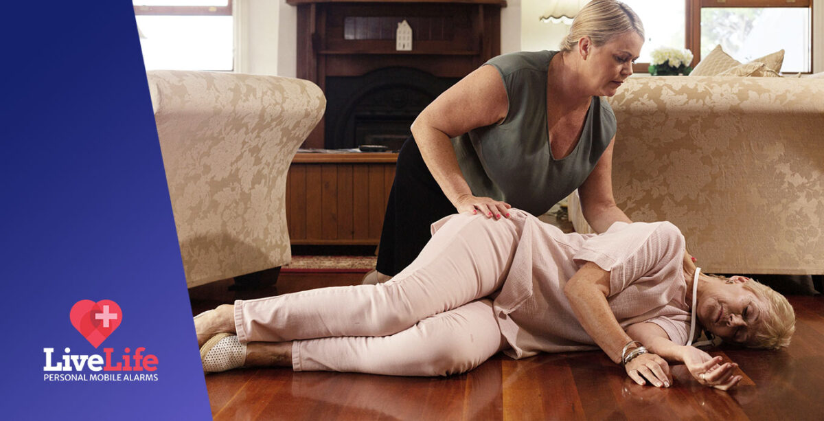 Emergency fall detection helping lady who has fallen over